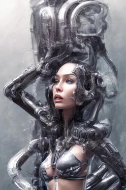 cyberpunk, black latex body, women, body portrai, highlight eyes perfect, skin, tron, cyborg, perfekt sexy, real, dream, hr giger