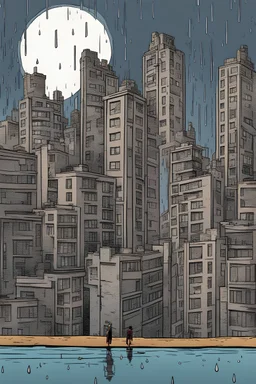 rain, ruin, no tall buildings, a very small butterfly flies by, comic book style