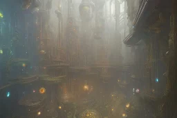 Statue in a niche in a building+Colourful city+ +steampunk+biopunk+alphonse mucha, greg rutkowski, matte painting, cryengine, hyper detailed, felix kelly, fantasy art, seb mckinnon