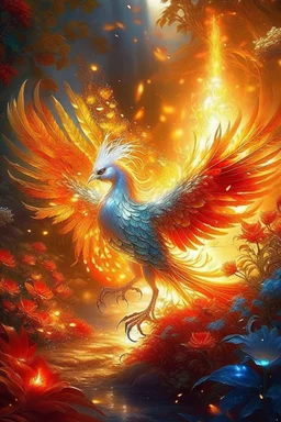 a firebird, fiery feathers that shine with silver and gold, burn with fire, a long sparkling tail burns with fire, wings like tongues of flame, eyes glow like crystals, an unusual fiery light reflects its belonging to another non-human world, in a faraway kingdom in a beautiful garden, rejuvenating apples grow in the garden, realism, light, highlights magic