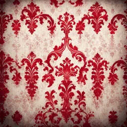 Hyper Realistic Grungy Red Damask Texture on Rustic White Wall with vignette effect