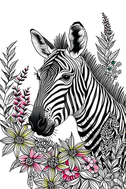 portrait of zebra and background fill with flowers on white paper with black outline only