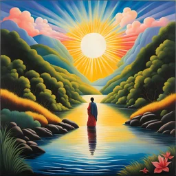 Kapo’s canvas bursts with vibrant colors—a mystical river winding through lush hills. A figure stands at the water’s edge, eyes closed, arms outstretched. The river symbolizes life’s purpose, and the figure receives guidance from unseen forces. The sun radiates warmth, igniting purpose within.