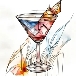 sketch of art deco style cocktail with realistic textures, very loose ink and soft watercolor washes