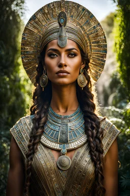 Portrait of a Egiptean goddess în Ghiza gardens, raw foto, natural colors, dynamic light and shadow, very detailed scene with intricate details,