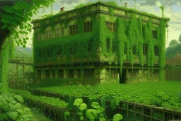 A green warehouse with overgrown vines painted by John Atkinson Grimshaw