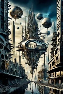a stunningly weird image of a futuristic metropolis using Salvador Dali's paranoiac-critical method, where buildings and structures appear to melt into the skyline cityscape is filled with floating mad, twisted sharp metal shapes that interact with the buildings and each other, forming a surreal tableau of a dreamlike reality. neu-steampunk vibe, essence of the scene in a cinematic manner, with dramatic shadows that enhance the distorted perspectives and bizarre, futuristic surreal vibe