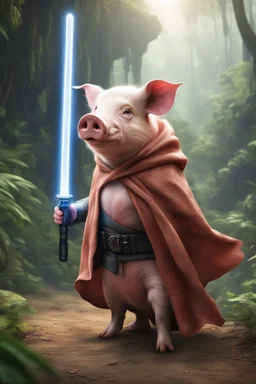 [photo realistic] a pig standing with a Jedi cape and a Lightsaber, using the force, jungle in the background