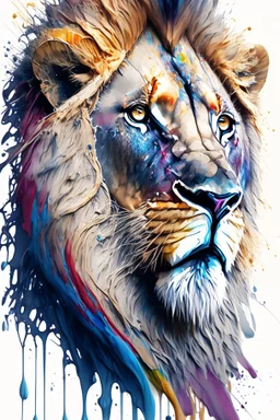 "lion", clean design, art station, splash of colorful paint, contour, ((solid white background)), looking into camera, hyperdetailed intricately detailed, unreal engine, fantastical, cinema lighting, intricate detail, splash screen, complementary colors, fantasy concept art, 8k resolution, DeviantArt masterpiece, watercolor, paint dripping