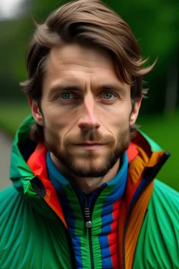 A handsome man with brown hair, green eyes and wearing colourful outdoor clothing