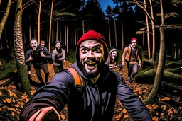 man taking a selfie while being chased by mercenaries in the woods at night