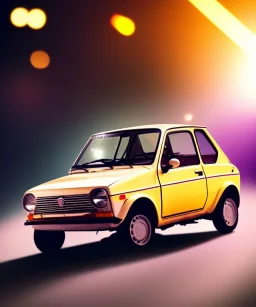 fiat 126p, city. high speed. bokeh. lens flare. warm lights. high detailed