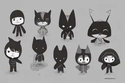 6 simple shaped hand drawn cartoon characters that are cute dark and have hoodies