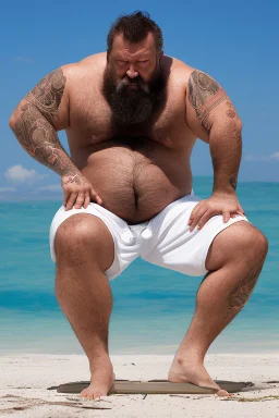 half-lenght Photography of turkish serious ugly dirty stocky muscular chubby 55 years old in swimwear, beard, curly hair, tattoo, relaxed sitting on an a beach chair at the beach, crossed arms, open big manly legs, manly chest, photorealistic, angry eyes, sunshine, ambient occlusion, misery and poverty, desperation, redneck, highly detailed, frontal ground view , trending on artstation, sharp focus, studio photo, intricate details, highly detailed, by greg rutkowski