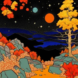 Autumn colors, peaceful, Egon Schiele, Max Ernst, night sky filled with galaxies and stars, rocks, trees, flowers, one-line drawing, sharp focus, 8k, deep 3d field, intricate, ornate, one million strokes. strong colors