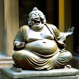 A statue of the laughing Buddha, a smiling face and he is rolling with laughter