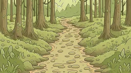 Cartoon style Forest with trees, muddy footprints in the path, in the middle of the picture. Trees on the left and right from the path.