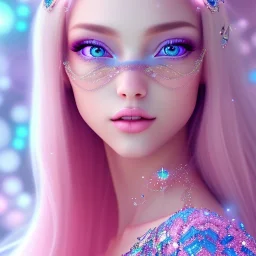  beautiful, soft, whide smile face,whole head, long blonde straight hair, blue eyes, fairy wings on the back, transparent crystal blue and pink clothes, background blue and pink, big definition, 8K