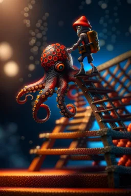 octopus climbing a ladder, wizard fireball in background, in the style of fantasy movies, photo-realistic, shot on Hasselblad h6d-400c, zeiss prime lens, bokeh like f/0.8, tilt-shift lens 8k, high detail, smooth render, down-light, unreal engine 5, cinema 4d, HDR, dust effect, vivid colors, smoke, dust, fireflies