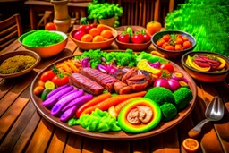 The picture shows a tasty and enticing dish containing a variety of tasty and colorful foods. The foods include perfectly grilled meat slices and crispy fresh vegetables pulsating with colors and flavors. The background shows a simple wooden table and a warm climate that feels comfortable and enjoyable to the eating experience.