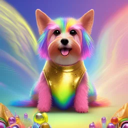 a sparkly dog with golden hair and rainbow shoes in fairyland, really cute, bubble gum, detailed, RTX, fantasy, 8K