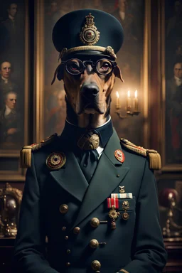 A German baron with a doberman dog,stern expression, dressed in immaculate high ranking military uniform and round glasses, glowing evil eyes, cinematic lighting, beautiful details, victorian room interior setting,dark art