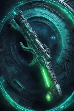 futuristic spacerifle, AR15 style, photorealistic, intricate design, neongreen neonblue, space background with black hole