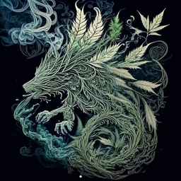 Sketch a composition where smoke transforms into a mythical creature, intertwining with intricate patterns formed by crushed weed leaves, creating a visually captivating and balanced artwork.