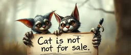 air brush 3d with pen outline, mongrel goblin gremlin looking at sign with big cute cat monster saying "Cat is not for sale" with blurred shadow outline, charcoal fog border