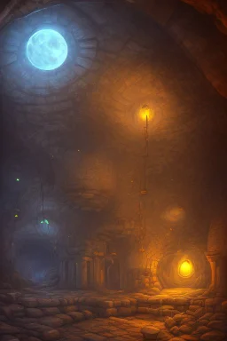 abstract, Moon like lamp in a dwarven mine underground, dungeon