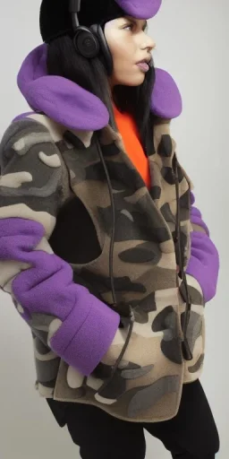 Woman black hair. average body type. big head. Mantle is sewed of upcycled Denim and sewed together of camouflage pieces. Pieces' color are orange, cream and purple. It is with big bright purple felt tippet and cream-colored-hood. mantle is merged with satchel. . Big AKG-style headphones (gold rings!) is merged with small felt cap with small visor. Style: Haute Couture in 1910's, Paris fashion in 1998, inspired by street art. blue latex gaiters. Her head and rest body!