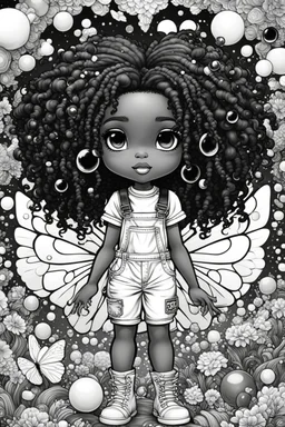 Create an coloring page of a psychedelic illustration of a chibi cartoon black young girl wearing overalls and boots. . Highly detailed sister locs. Background of a large bubbles and butterflies all around her, black and white