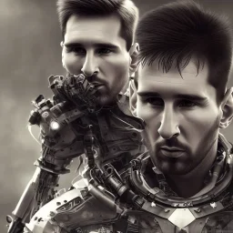 lionel messi perfect face and portrait post-apocalypse perfect cyborgs in a footbal stadium, sci-fi fantasy style, 8k,dark