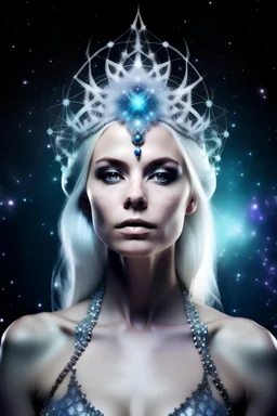 cosmic woman, blone, with diamond tiara, cosmic backround