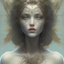 Portrait of beautiful girl, plant, metal, feathers, Dryad, fae, sidhe, ominous, nature, plants, wildflower, facepaint, dnd character portrait, intricate, oil on canvas, masterpiece, expert, insanely detailed, 4k resolution, retroanime style, cute big circular reflective eyes, cinematic smooth, intricate detail , soft smooth lighting, soft pastel colors, painted Renaissance style,bokeh,macro lens, 800mm lens