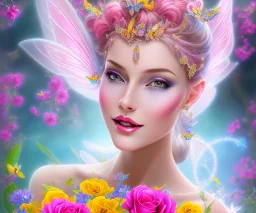 beautiful bright fairy portrait who smiles with long hair, thin face, two hands, 5 fingers, two transparent wings on her back in a pink,blue, yellow flowers background,