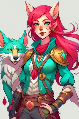 Teenaged Female kitsune paladin/bard with red, teal, and pink hair