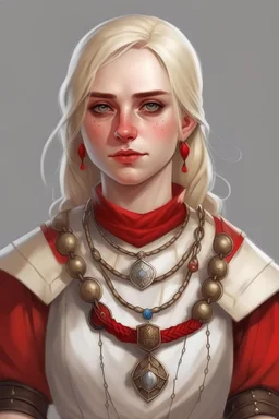 22-year old, blonde, grey-eyed# female human cleric with a necklace of red beads, wearing scale mail