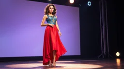 very beautiful 1 lady with makeup curvy hair pretty long red skirt and bluose with nice jewel patterns high heels, full body standing gracefully in modern stage,dynamic lights