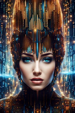 beautiful strange looking digital woman made up completely of binary code, expressive and mysterious, consisting fully of binary code, deep colors, detailed matte painting, fantastical, intricate detail, splash screen, colorful, fantasy concept art, 8k resolution, Unreal Engine 5, beautiful iris, sharp focus, centered, symmetric