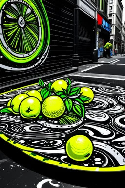 "street tart' depicts a technicolor lemon on a black and white street; frieze; dazzling