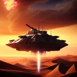 volumetric dramatic desert Battle scene with futuristic hovering military armored Hovercraft painted by chris foss, floating, 4k, 8k, Minutiae, highly detailed, With laser Turret, pennant, hovering, stripes, sunset, duststorm, nimbus clouds, tornado