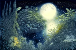 Rainforest, top view, flora and fauna in the light from a full moon, rocks, water, amazing night sky, glowing flowers, vines, large stars, island, ruin, fog, dawn, reflection, Jacek Yerka, Dominic Davison in sunshine smooth intricate high definition pencil sketch watercolor polished