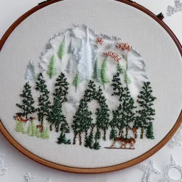 exquisite whimsical snowy forest in embroidery hoop, intricate, highly detailed, linen and wood backdrop