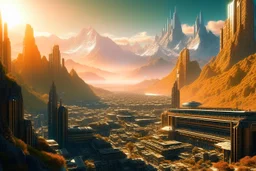 cyberpunk city, sunny day, valley, mountains, sci-fi, epic