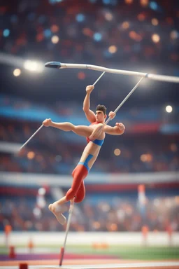 cartoonish man pole vaulting in the Olympics ,,bokeh like f/0.8, tilt-shift lens 8k, high detail, smooth render, down-light, unreal engine