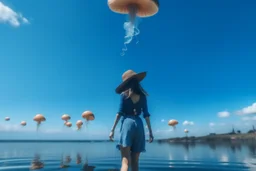 woman standing next to a lake, flying mushrooms with jellyfish tenacles in a blue sky