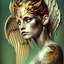 white background, golden Angel, tattoo, feathers, steampunk, fantasy, old canvas, torn cracks, flowers, cyberpunk, gold, silver, green lilac color, mystical, glow, golden makeup, fine drawing, high detail, high resolution, 8K, 3D, Daniel Castan Carne Griffiths Andreas Lee Russ Mills