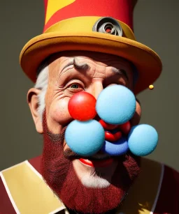 happy old friendly clown with round head and trimmed beard playing jazz with a steampunk theme, trumpet on mouth, carnival, dreamy