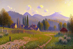 Sunny day, distant mountains, fence, alfred sisley impressionism painting